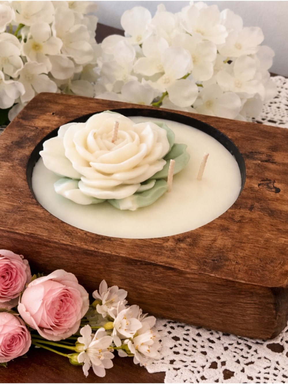 Wooden Floral Rose Candle Centerpiece - Cream & Sage